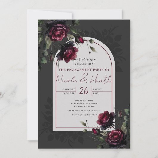Invitation Bordeaux Roses Rouges Ombre Gris Floral Engagement (Devant)