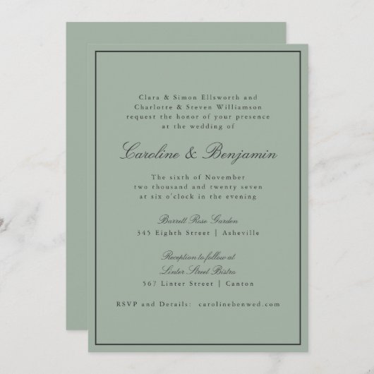 Invitation Border Script Elegant Wedding Olive Gray RSVP (Devant / Derrière)