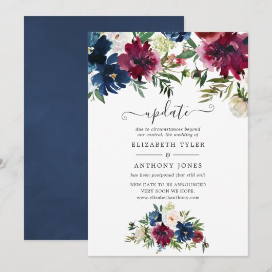 Invitation Bordo et Marine Aquarelle Mariage Floral (Devant / Derrière)