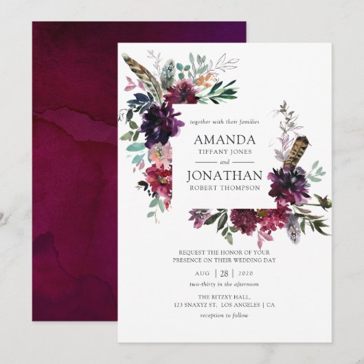 Invitation Bordo Violet Plum Aquarelle Mariage Floral (Devant / Derrière)