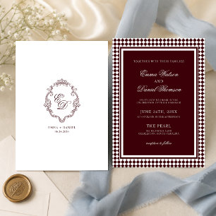 Invitation Bordure Arlequin Monogramme Blason Mariage