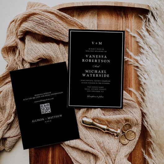 Invitation bordure blanche noir unique QR Code mariage