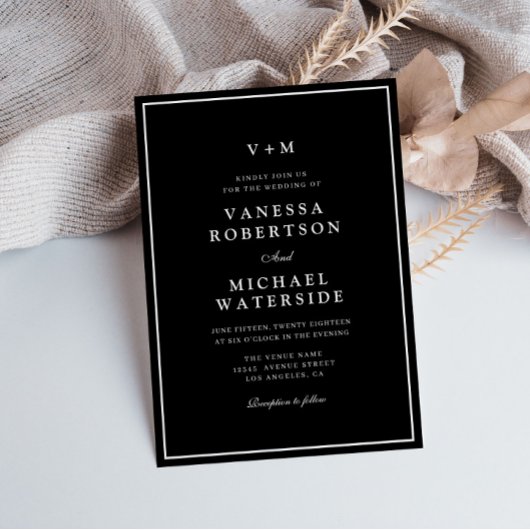 Invitation bordure blanche noir unique QR Code mariage