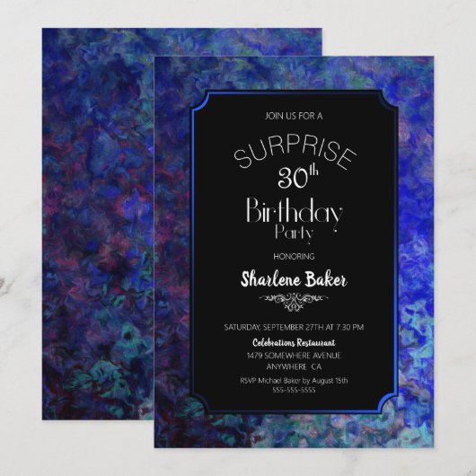 Invitation Bordure bleue Black Surprise 30e fête d'anniversai (Devant / Derrière)