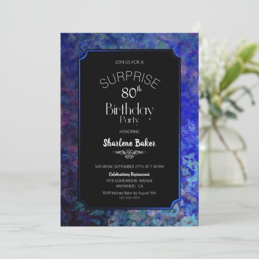 Invitation Bordure bleue Noir Surprise 80e anniversaire (Debout devant)