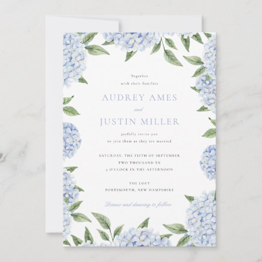 Invitation Bordure Blue Hydrangea, QR Code sur le dos, Mariag (Devant)