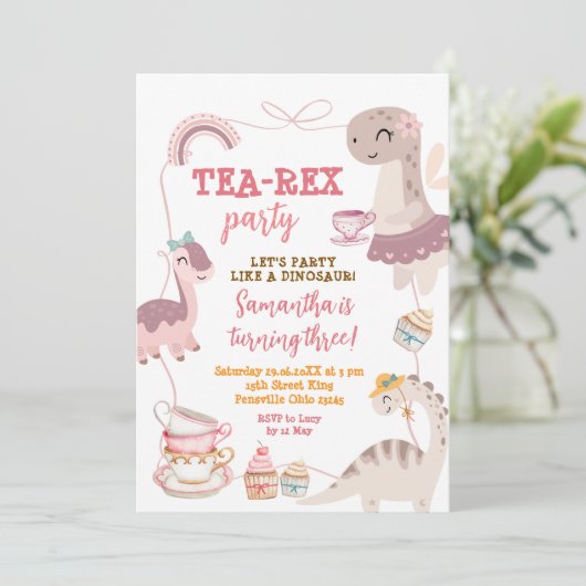 Invitation Bordure Bow Dinosaur Tea-Rex 3e Fille Anniversaire (Debout devant)
