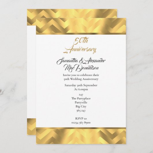 Invitation Bordure chevron or 50e anniversaire de mariage (Devant / Derrière)