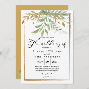 Invitation Bordure classique Feuille doré mariage vert