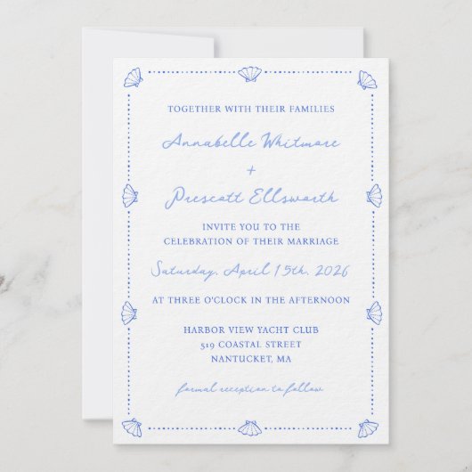 Invitation Bordure Coastal Chic Shell Elegant Mariage Bleu (Devant)