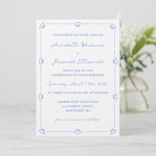 Invitation Bordure Coastal Chic Shell Elegant Mariage Bleu (Debout devant)
