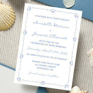 Invitation Bordure Coastal Chic Shell Elegant Mariage Bleu
