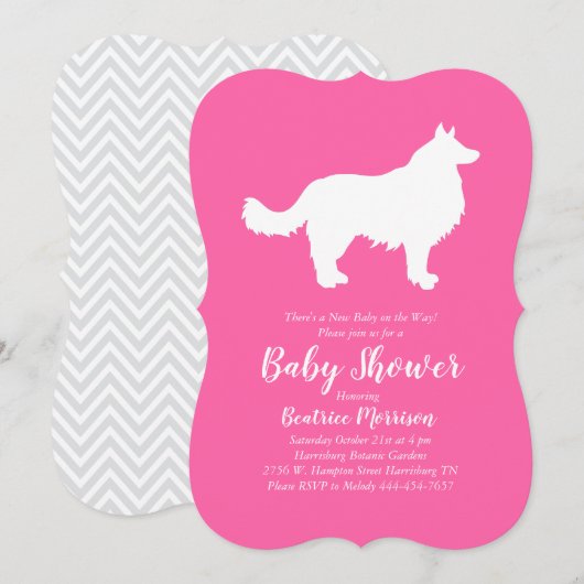 Invitation Bordure Collie Chien Baby shower Rose Girl (Devant / Derrière)
