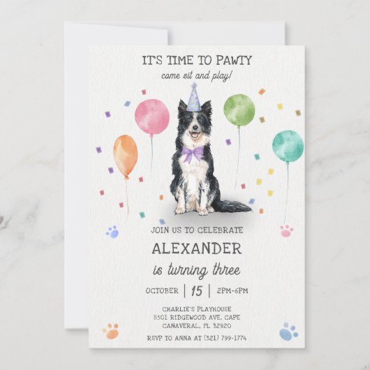 Invitation Bordure Collie Pawty Chien Chien Chien Chiot Anniv (Devant)