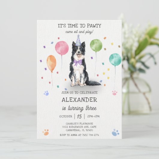 Invitation Bordure Collie Pawty Chien Chien Chien Chiot Anniv (Debout devant)