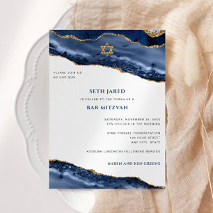 Invitation Bordure d'Agate Bar Mitzvah, Bleu et Or