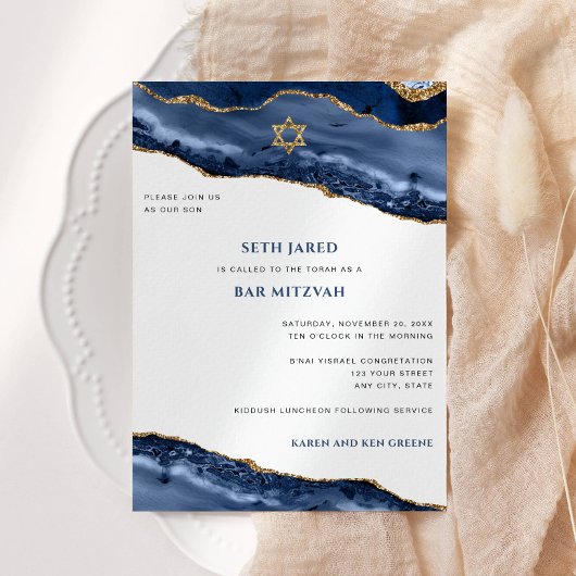 Invitation Bordure d'Agate Bar Mitzvah, Bleu et Or