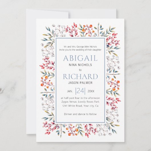 Invitation Bordure de feuilles et de baies mariage bleu pouss (Devant)