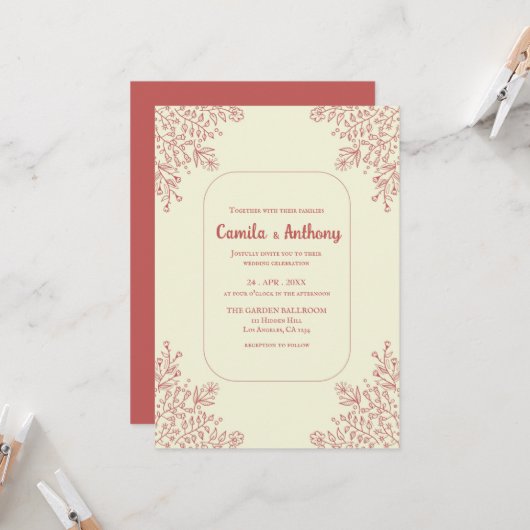 Invitation Bordure de Fleur de Coin Rouge Beige Boho Mariage (Devant/Arrière en situation)