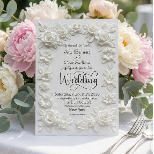 Invitation Bordure de mariage florale Rose blanche en relief