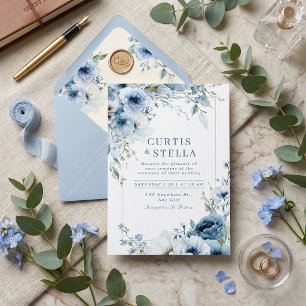 Invitation Bordure de mariage Rose Bleue Aquarelle Indigo Pro