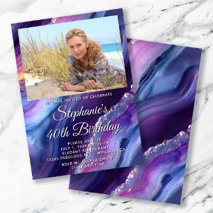 Invitation Bordure de photo en Agate Bleu Violet pour les 40