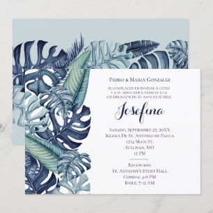 Invitation Bordure de Quinceañera au feuillage tropical bleu