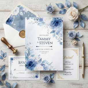 Invitation Bordure de rose à l'aquarelle Veine d'or Indigo Ma