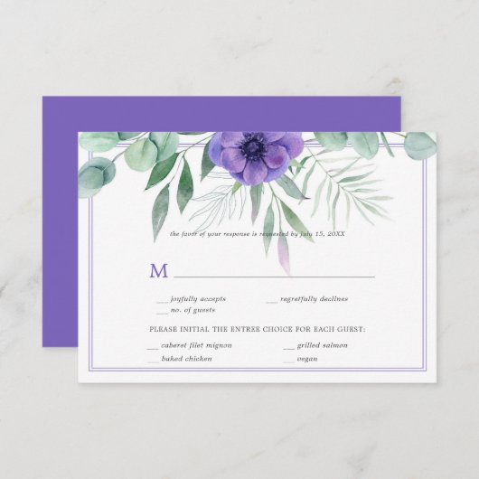 Invitation Bordure de verdure d'anémone violet RSVP (Devant / Derrière)