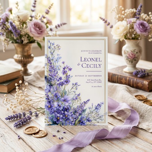 Invitation Bordure de verdure de lavande à l'aquarelle violet