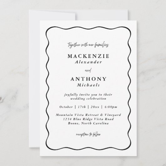 Invitation Bordure décontractée Mariage manuscrit noir vague (Devant)