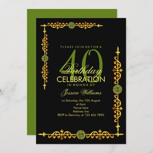 Invitation Bordure Décorative Élégante, Jeu Péridot Anniversa (Devant / Derrière)