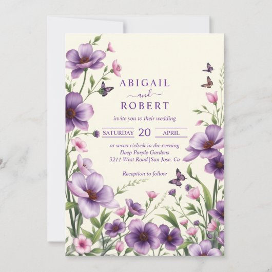 Invitation Bordure des fleurs violettes et mariage de code RS (Devant)