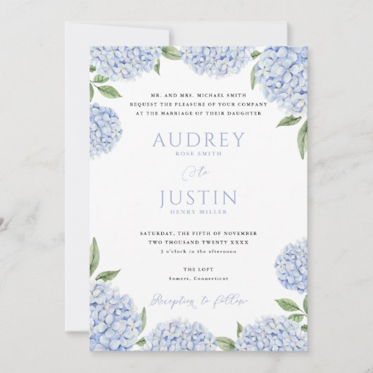 Invitation Bordure d'Hydrangée Bleue, Mariage Cimier Personna (Devant)