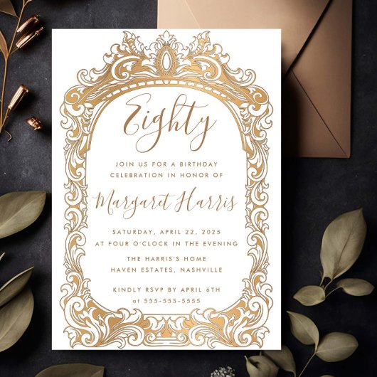 Invitation Bordure d'or classique Blanc 80e anniversaire 80