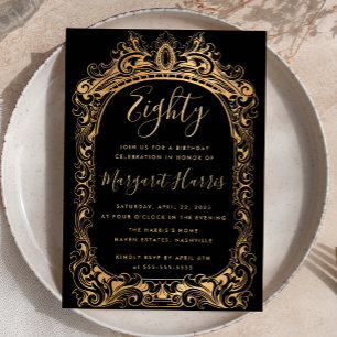 Invitation Bordure d'or classique Noir 80ème anniversaire 80
