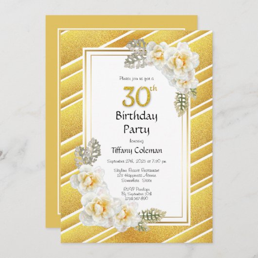 Invitation Bordure d'or de rose jaune 30e anniversaire (Devant / Derrière)
