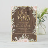 Invitation Bordure d'or fleuri rose Baby shower de bois rusti (Debout devant)