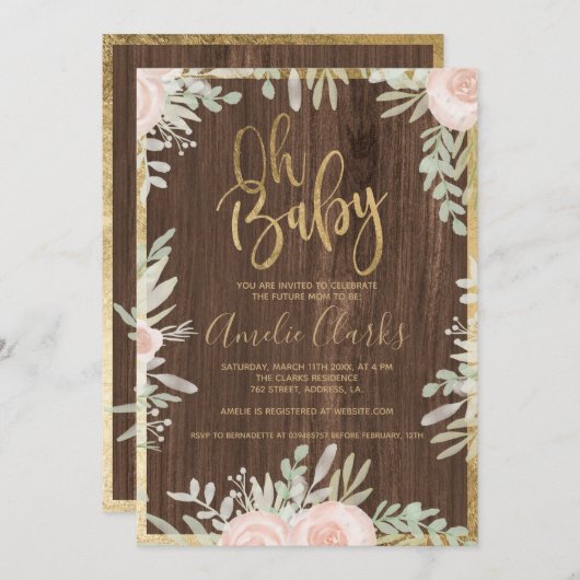 Invitation Bordure d'or fleuri rose Baby shower de bois rusti (Devant / Derrière)