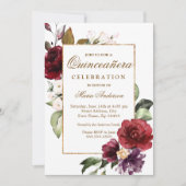 Invitation Bordure d'or floral de Bourgogne Quinceanera Party (Devant)