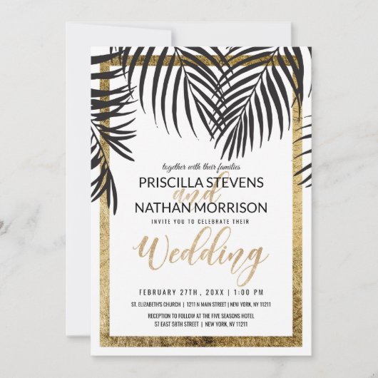 Invitation Bordure d'or Mariage moderne Black Palm Tree Frond (Devant)