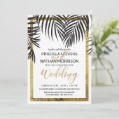 Invitation Bordure d'or Mariage moderne Black Palm Tree Frond (Debout devant)