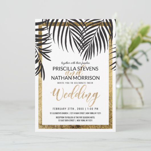 Invitation Bordure d'or Mariage moderne Black Palm Tree Frond (Debout devant)