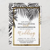 Invitation Bordure d'or Mariage moderne Black Palm Tree Frond (Devant / Derrière)