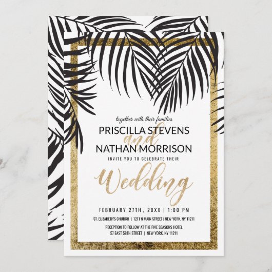 Invitation Bordure d'or Mariage moderne Black Palm Tree Frond (Devant / Derrière)