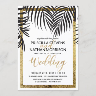Invitation Bordure d'or Mariage moderne Black Palm Tree Frond