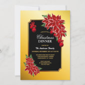 Invitation Bordure d'or Noir avec Poinsettia Dîner de Noël (Devant)