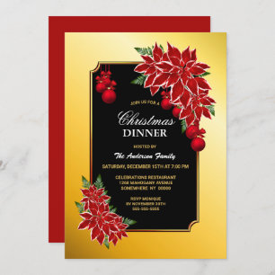 Invitation Bordure d'or Noir avec Poinsettia Dîner de Noël