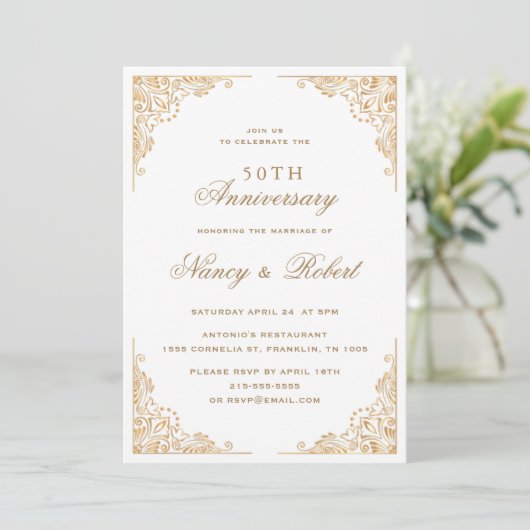 Invitation Bordure d'or Ornate Blanc 50e anniversaire Mariage (Debout devant)