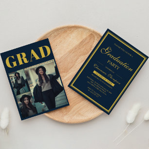 Invitation Bordure d'or photo simple   Graduation en bleu mar